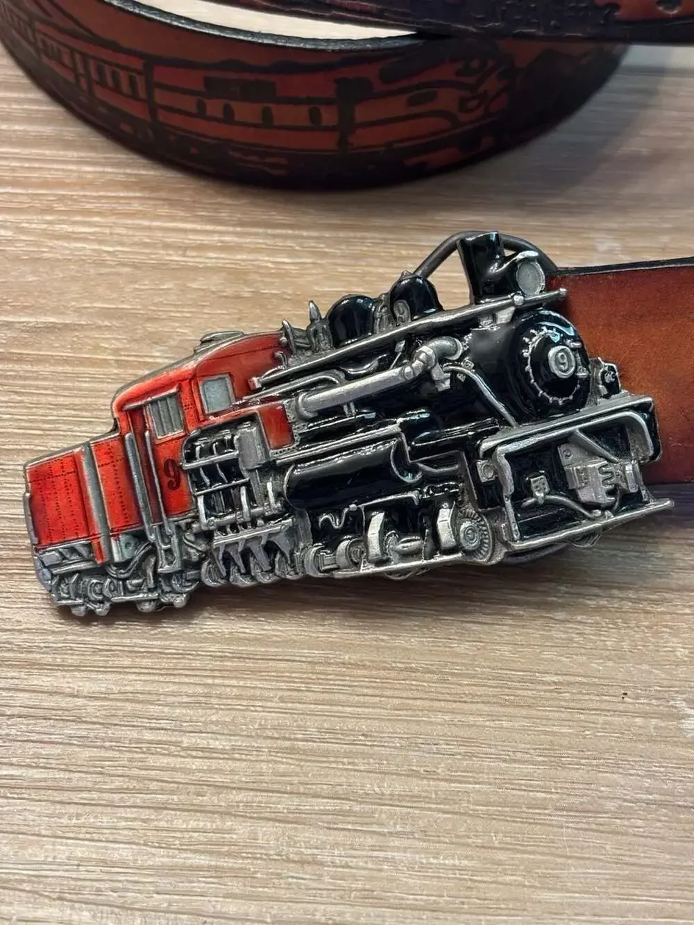 Vintage 1983 Train Locomotive Western Leather Belt with 3D Enamel Buckle